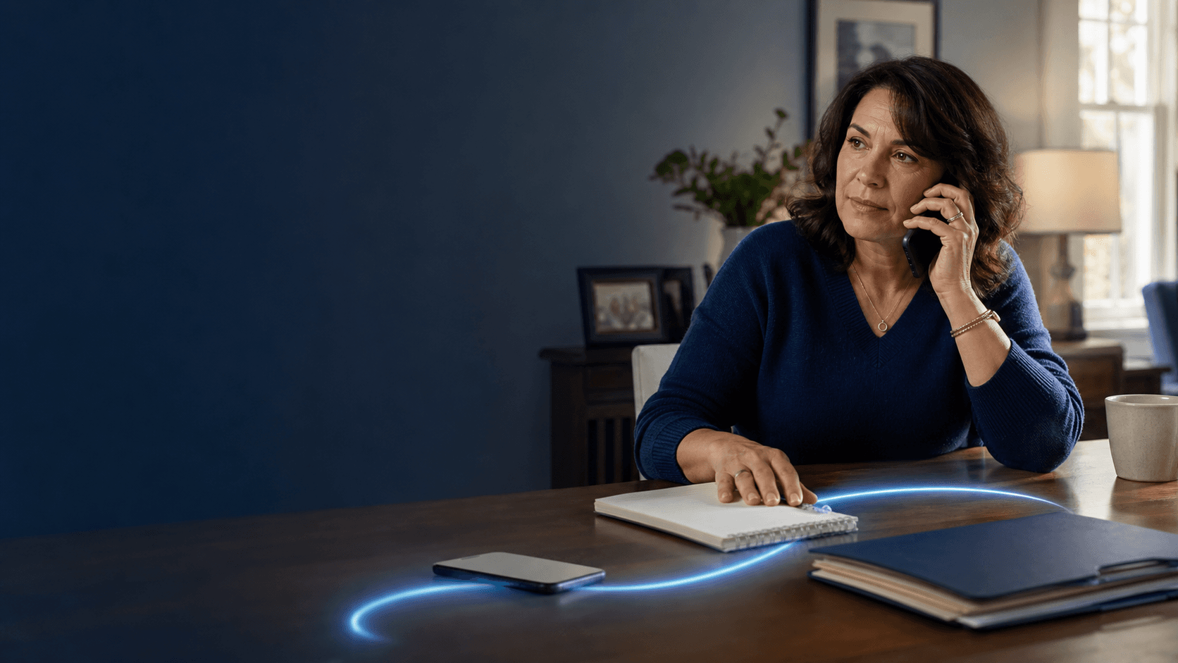 A family decision-maker discussing a home-care inquiry by phone at a home table